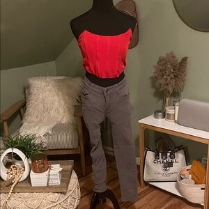 Red Strapless Top with Gray Pants TOP MED jeans. 5/6